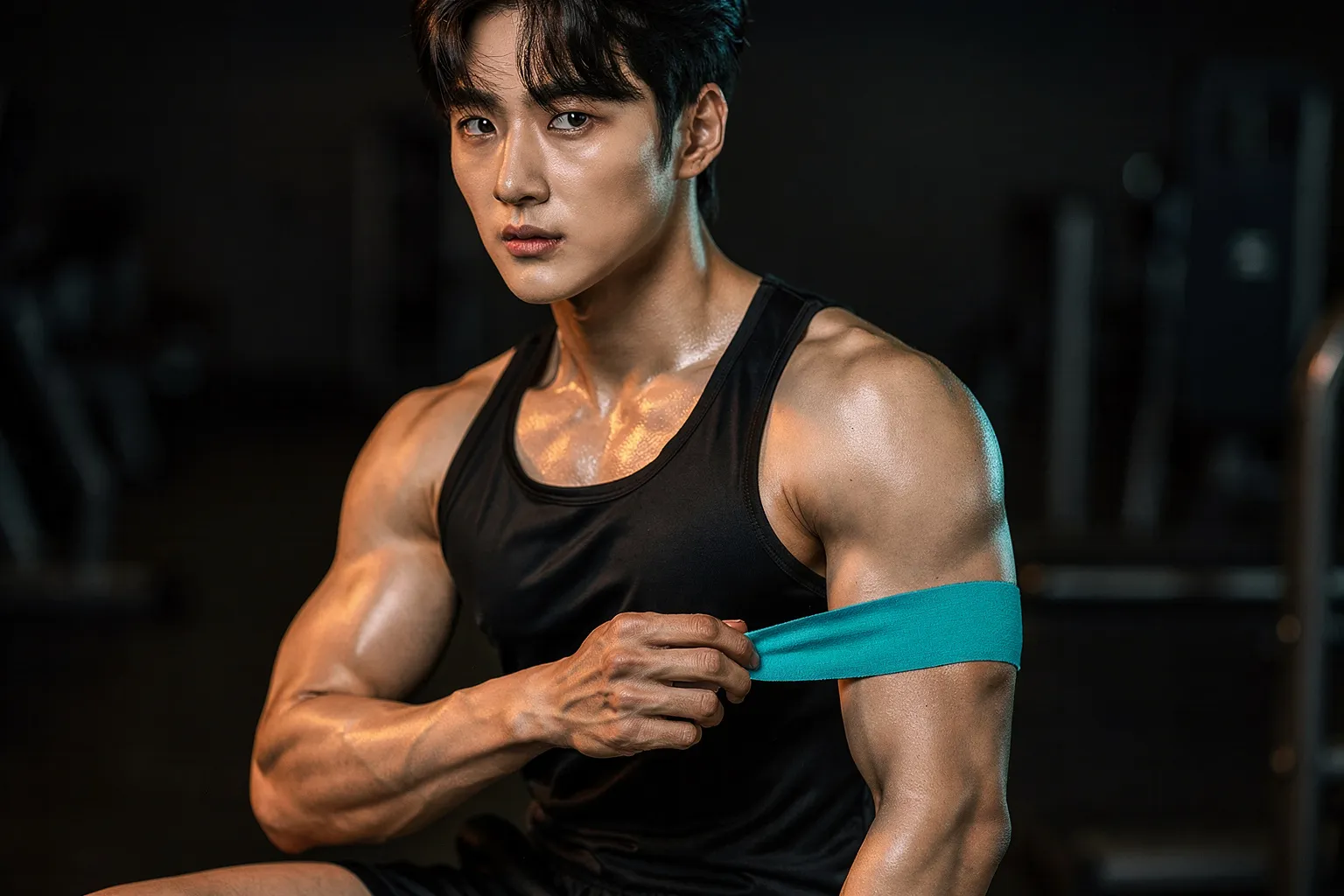 健身房運動員使用一條根運動貼布