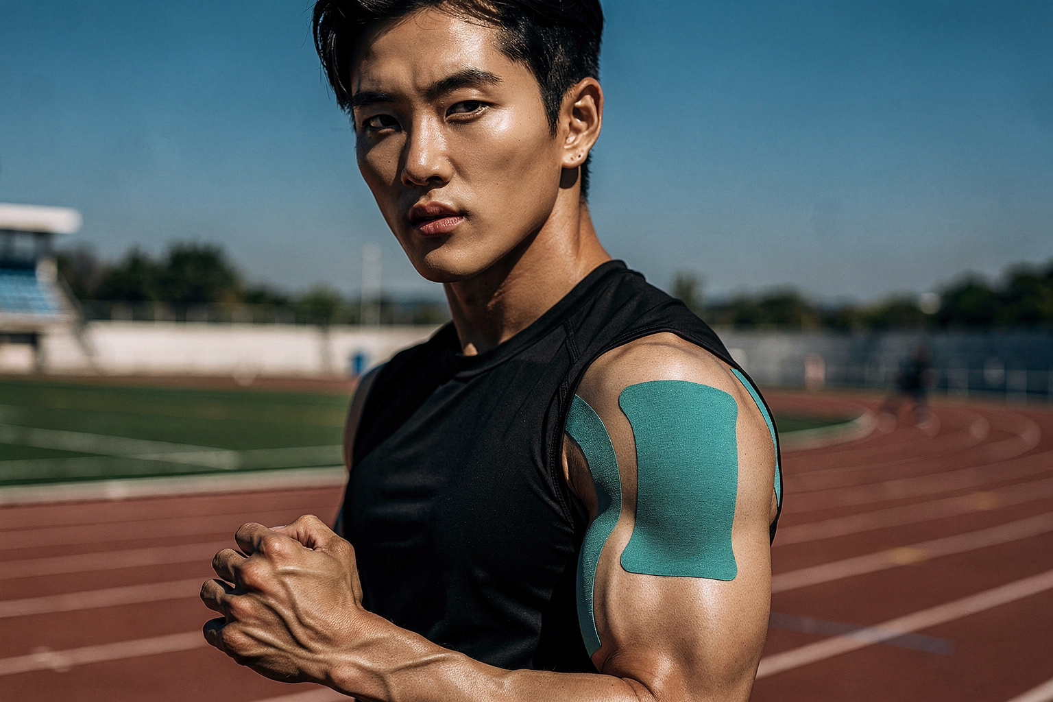 運動員使用一條根運動貼布 - 戶外運動場