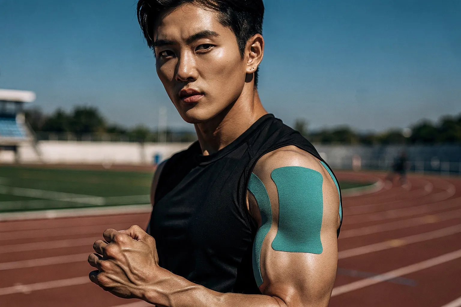 運動員使用一條根運動貼布 - 戶外運動場
