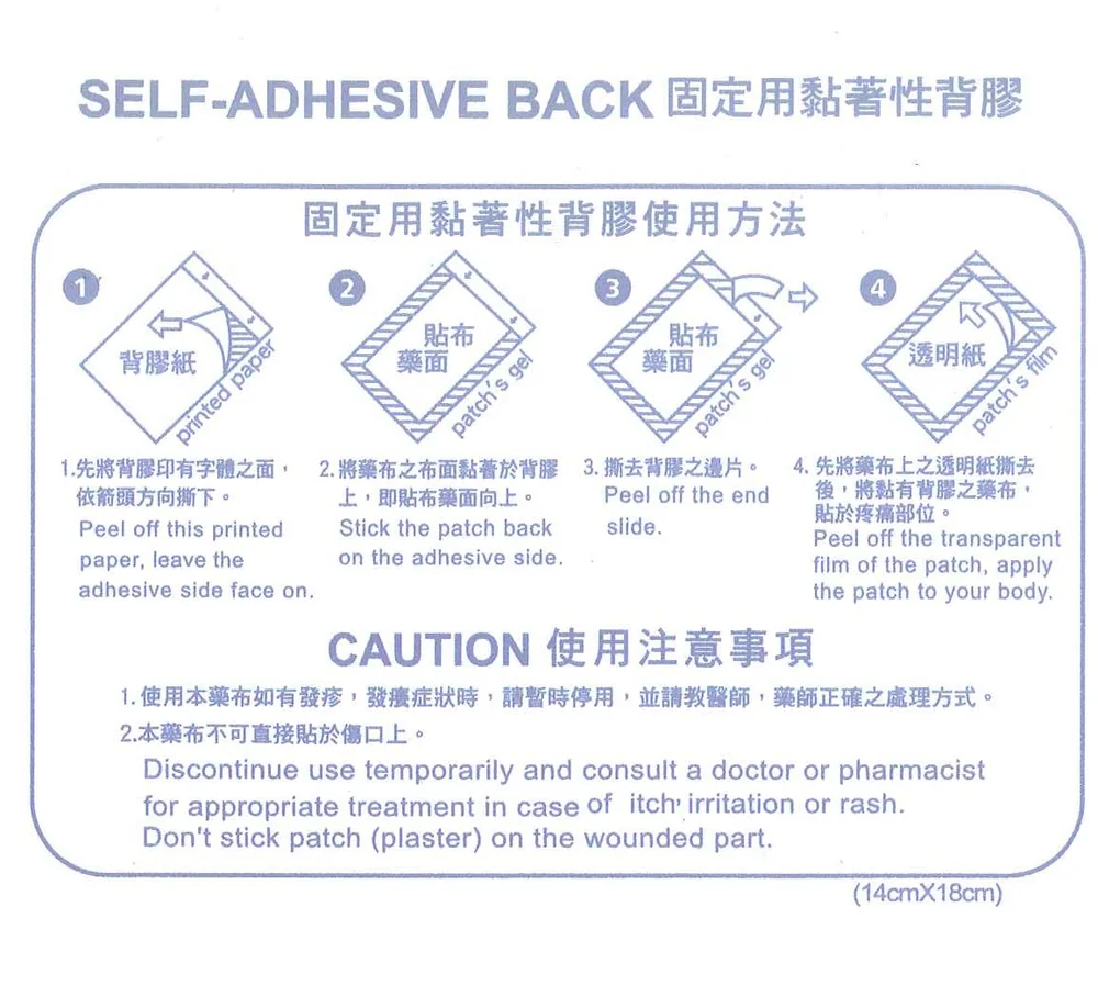 固定貼（固定用黏著性背膠）使用方法四步驟說明卡，尺寸 14cm x 18cm